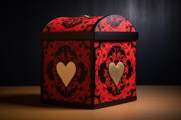 Ornate gift box featuring elegant damask patterns and golden hearts on a wooden surface