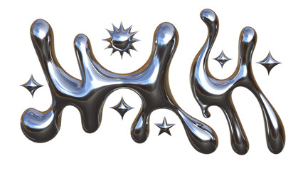 3D Chrome Liquid Abstract Shapes with Metallic Fluid Forms and Star Spark Elements Futuristic Modern Illustration on White Background