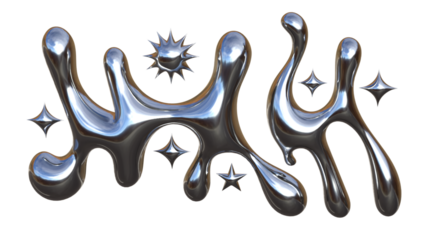 3D Chrome Liquid Abstract Shapes with Metallic Fluid Forms and Star Spark Elements Futuristic Modern Illustration on White Background