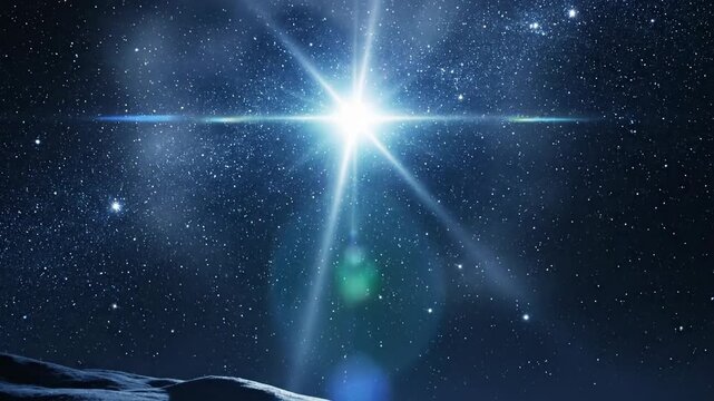 The Nativity Star Shines Over an Empty Manger Under a Starry Night Sky.