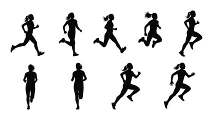 Obraz premium Silhouettes of people running and exercising displayed in various dynamic poses