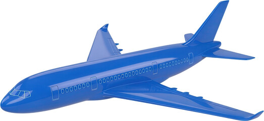 A sleek shiny bright blue passenger jet airplane with detailed windows and winglets presented in a realistic 3D render for travel themes aircraft aviation transport aerodynamics transparent background