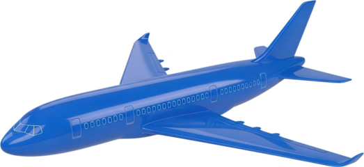 A sleek shiny bright blue passenger jet airplane with detailed windows and winglets presented in a realistic 3D render for travel themes aircraft aviation transport aerodynamics transparent background
