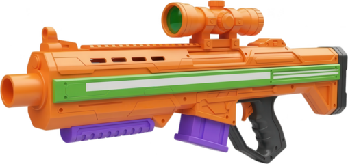 A futuristic orange toy rifle with a green stripe purple magazine and scope designed for imaginative play and modern aesthetics toy gun playtime kids toy toy weapon blasters transparent background