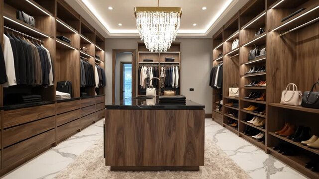Luxurious modern walkin closet with wooden shelving and marble flooring