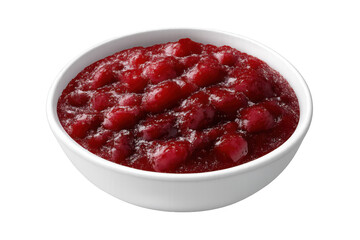 Cranberry sauce in white bowl, a traditional holiday side dish for thanksgiving dinner on transparent background