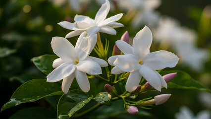 Obraz premium Close-up of delicate white jasmine flowers with green leaves, symbolizing purity and elegance in nature's embrace