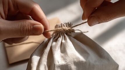 Gift wrapping with eco-friendly linen pouch featuring natural twine drawstring