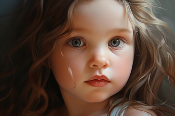 Naklejka premium Little girl's face with big blue eyes expressing innocence and wonder