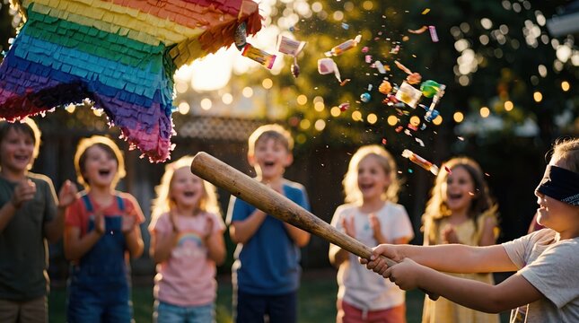 Excited blindfolded child hitting a vibrant rainbow pi&ntilde;ata outdoors, scattering candy as other children cheer during a lively celebration.