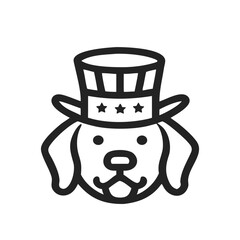 Dog head icon silhouette wearing Uncle Sam hat, patriotic. Symbolizing USA pride, independence and national celebration. Isolated vector illustration on white background.