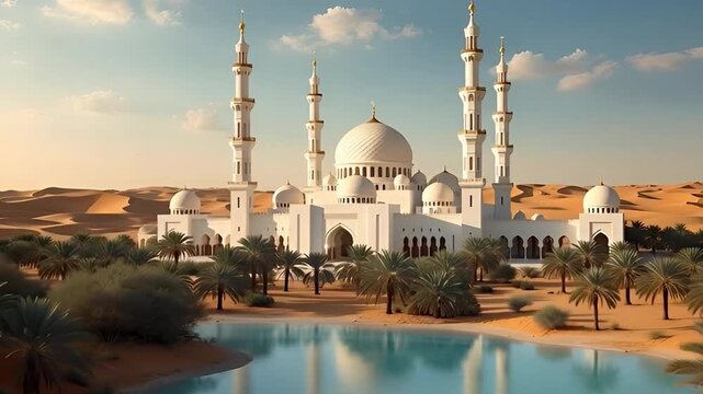 The beautiful white mosque across the oasis in the expanse of the desert, Islamic Middle East Ramadan Karem