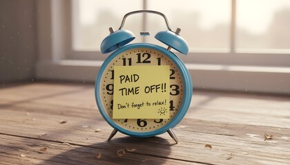 Retro Blue Alarm Clock with Yellow Sticky Note on Rustic Wooden Surface – Paid Time Off Reminder Concept
