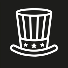 White Uncle Sam hat icon silhouette on black background, patriotic minimal vector illustration symbolizing USA, freedom, independence and national pride.