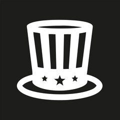 White Uncle Sam hat icon silhouette on black background, patriotic minimal vector illustration symbolizing USA, freedom, independence and national pride.