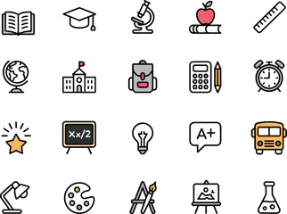 Back to school education icon set, vector flat line learning symbols, school supplies, academic elements, graduation, science, art, study icons