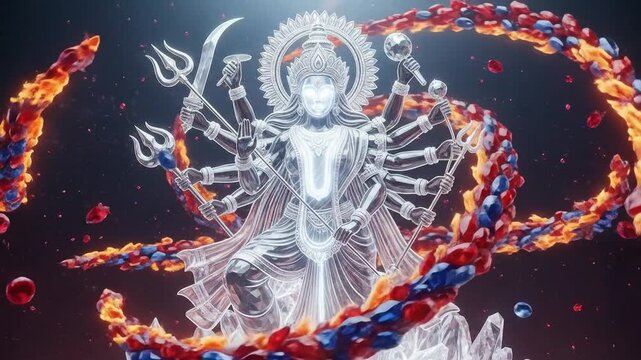 Luminous multi-armed divine sculpture surrounded by fiery braided ribbons.