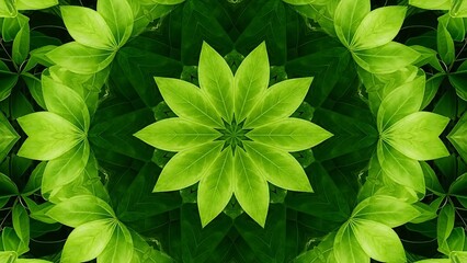 Green nature kaleidoscope pattern, symmetrical leaves creating a vibrant floral mandala