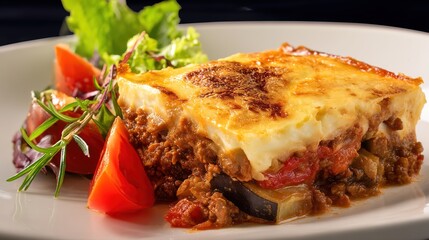 Creamy Layered Greek Moussaka with Eggplant, Ground Lamb, B&eacute;chamel Sauce &ndash; Authentic Mediterranean Traditional Cuisine Food Photography