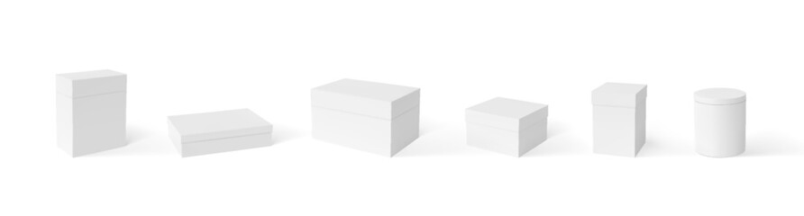 Gift cardboard box with closed lid, realistic 3D white container for present, delivery package vector mockup collection