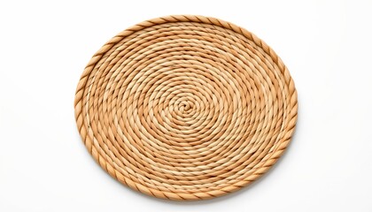 Obraz premium A round woven basket with a natural texture, set against a plain background. The basket appears to be made from materials like straw or rattan