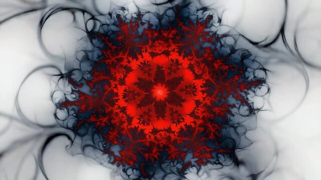 Red fractal bloom expanding over drifting smoke, captured in a top-down macro spin Volumetric lighting and organic forms create surreal beauty 4K.