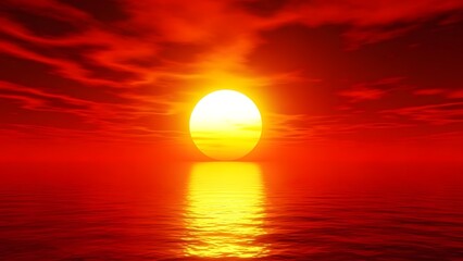 A breathtaking vibrant red and orange sunset over tranquil water with a glowing sun