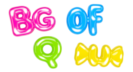 A dynamic display against a transparent backdrop featuring brightly colored, inflated letters spelling out 'BG OF', with individual letters 'Q' and a bow-like shape adding to the festive arrangement.
