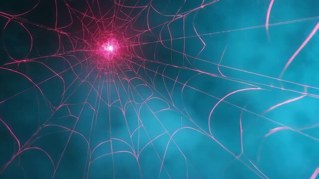 Red fractal web expanding through black haze, smooth dolly zoom-out, digital volumetric feel 4K.