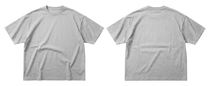 High-quality image of a t-shirt mockups shown in front and back views. Light grey color isolated on transparent background, Suitable for apparel template, clothing, branding.