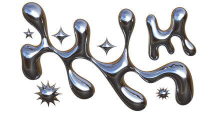 3D Chrome Liquid Abstract Shapes with Metallic Fluid Forms and Star Spark Elements Futuristic Modern Illustration on White Background