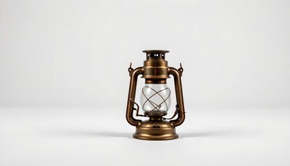 An antique style lantern with a metal construction stands alone in the center of an empty room against a white background