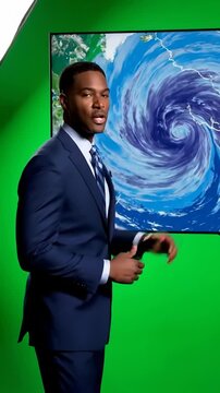 Weatherman Explaining Hurricane on Screen in Green Screen Studio