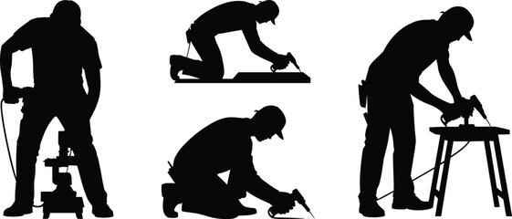 Construction worker silhouette using electric drill and power tools for carpentry wood building project home renovation site and industrial handyman work