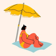 Young person sitting on towel or blanket under umbrella. Cute character relaxing, sunbathing. Summer time, beach, vacation concept. Hand drawn modern Vector illustration. Isolated design element
