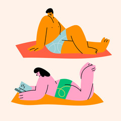 People sitting, reading on towel or blanket. Cute characters relaxing, sunbathing. Summer time, beach, vacation concept. Hand drawn modern Vector illustration. Isolated design elements