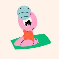 Young person sitting on towel or blanket with beach ball. Cute character relaxing, sunbathing. Summer time, beach, vacation concept. Hand drawn modern Vector illustration. Isolated design element