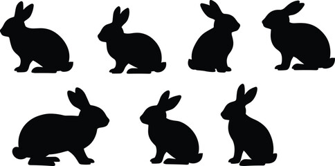 Black rabbit silhouettes, bunny animal outline, wildlife illustration, pet hare shapes, Easter design, vector drawing, animal silhouette art, isolated