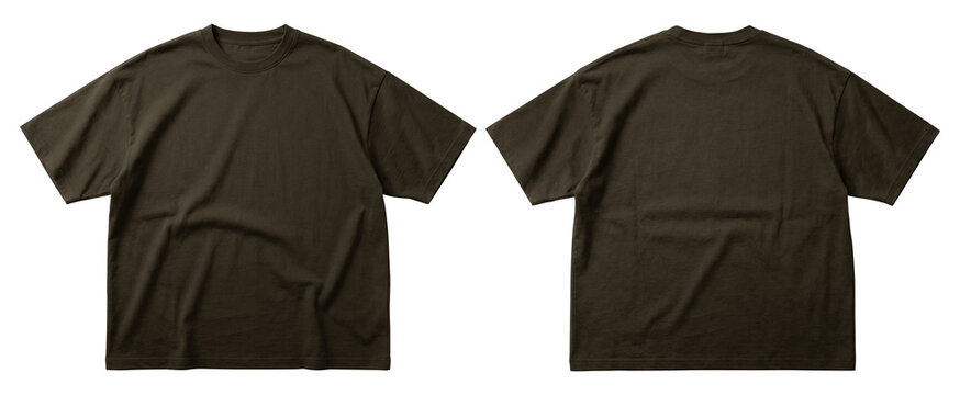 High-quality image of a t-shirt mockups shown in front and back views. Dark brown color isolated on transparent background, Suitable for apparel template, clothing, branding.