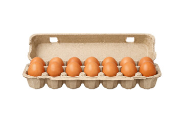 Open cardboard egg carton with fresh brown chicken eggs neatly arranged in a horizontal row, isolated on a white background. Clean minimalist food and grocery concept suitable for agriculture
