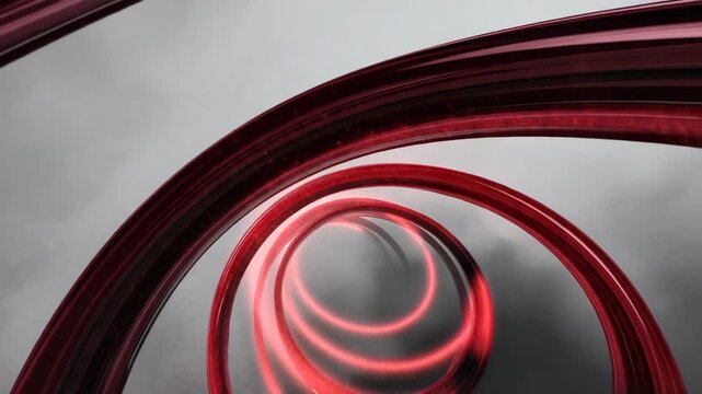  Red and black ribbons spiraling into a vortex, circular dolly movement, glowing particle trails 4K