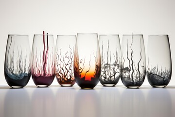 Vibrant colored liquid swirling in decorative stemless glasses on a white surface