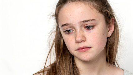 Portrait of a disappointed young brunette teenage girl with natural makeup in a close-up view