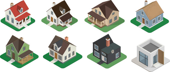 Isometric 3D House Icon Set Featuring Modern Residential Architecture, Suburban Cottage Homes, Real Estate Property Models, and Neighborhood Building Vector Illustrations.