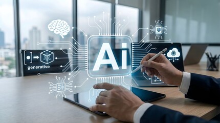Businessman using digital tablet with AI generative technology icons,innovation in artificial intelligence,data analysis,cloud computing,automation and futuristic tech solutions for enterprises