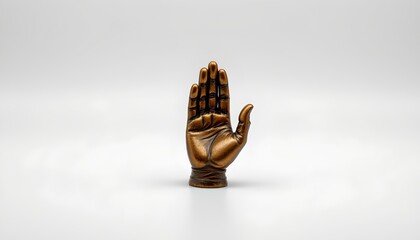 A bronze hand sculpture placed against a white background. The hand appears to be crafted with precision and attention to detail, showcasing its gold toned patina and the intricate fingers