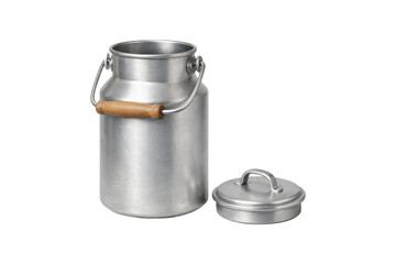 Classic aluminum milk can with removable lid, featuring a clean metallic surface and traditional dairy container design. Isolated on white background, minimalist product style suitable for agriculture