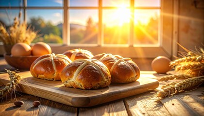 Wide angle shot, a pallet wood picnic table in a lush garden, decorated for an eco-friendly Easter, using lotus leaf plates and wooden cutlery, relaxed holiday atmosphere