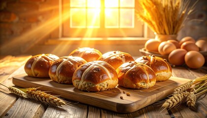 Wide angle shot, a pallet wood picnic table in a lush garden, decorated for an eco-friendly Easter, using lotus leaf plates and wooden cutlery, relaxed holiday atmosphere