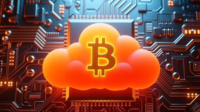 OrangeCloudwithBitcoinSymbolonCircuitBoard